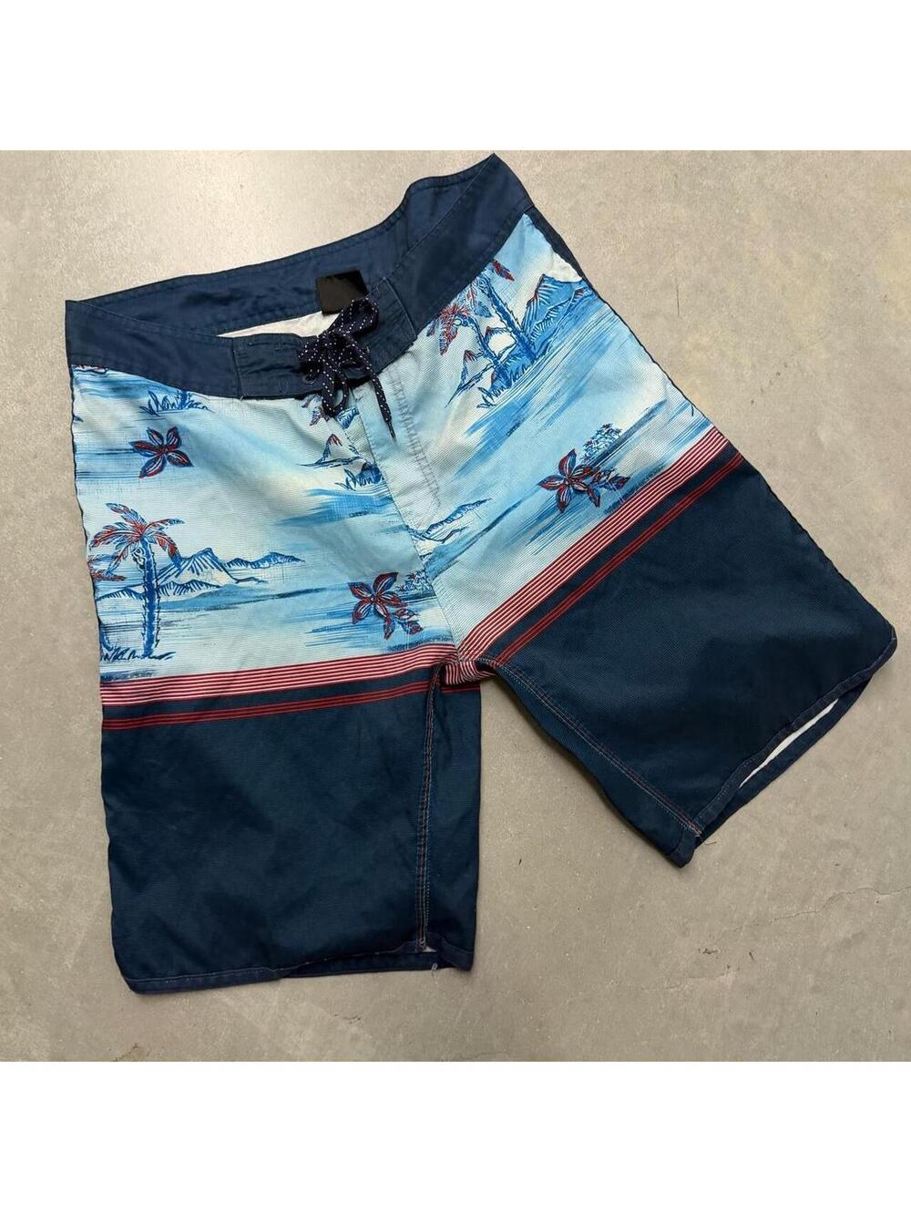 Y2K Tropical Blue Navy Men's Burnside Bathing Suit Waist 30